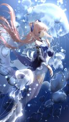 Rule 34 | 1girl, absurdres, air bubble, bare shoulders, blue bow, blue dress, blue eyes, blue gemstone, bow, breasts, bubble, closed mouth, commentary, detached collar, dress, frilled sleeves, frills, gem, genshin impact, hand up, highres, jellyfish, long hair, long sleeves, looking at viewer, mihaia, off-shoulder dress, off shoulder, pink hair, ponytail, purple thighhighs, sangonomiya kokomi, shorts, sidelocks, small breasts, solo, thighhighs, underwater, very long hair, white shorts, wide sleeves, wing hair ornament