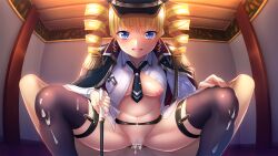 Rule 34 | 1boy, 1girl, baseson, blonde hair, blue eyes, blush, bottomless, breasts, brown thighhighs, cum, cum in pussy, drill hair, girl on top, hetero, highres, indoors, koihime musou, large breasts, looking at viewer, military uniform, navel, nipples, no bra, no panties, pussy, riding crop, sex, sousou (koihime musou), thighhighs, uniform, vaginal