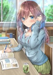 Rule 34 | 1girl, adjusting hair, blue cardigan, blue eyes, book, book stack, bookshelf, breasts, brown hair, can, cardigan, cleavage, collared shirt, commentary request, desk, drink can, go-toubun no hanayome, green skirt, hair between eyes, headphones, headphones around neck, highres, indoors, large breasts, library, long sleeves, looking at viewer, medium hair, nakano miku, notebook, pleated skirt, shirt, sitting, skirt, soda, soda can, solo, studying, sunsun2812, tree, white shirt, window, writing