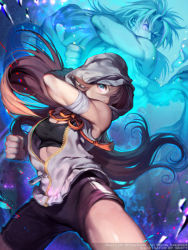Rule 34 | 1girl, bandages, blue eyes, breasts, brown hair, caesty, cleavage, clenched hands, fighting stance, hair over one eye, hood, hoodie, kaizin rumble, long hair, musashi, official art, open clothes, open hoodie, shorts, sleeveless, sleeveless hoodie, solo, spirit, sports bra