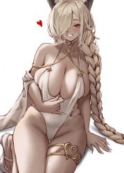 Rule 34 | 1girl, asymmetrical bangs, azur lane, blonde hair, blush, braid, breasts, cleavage, collarbone, commentary, dark-skinned female, dark skin, duchessofarmeria, earrings, english commentary, feet, fingernails, gold choker, hair over one eye, hand rest, heart, highres, horns, jewelry, large breasts, long bangs, long hair, looking at viewer, low twin braids, mole, mole under mouth, official alternate costume, one-piece swimsuit, one eye covered, owari (azur lane), owari (shimmering forsythia) (azur lane), sandals, shawl, sitting, skindentation, smile, solo, swimsuit, swimsuit tug, thigh gap, thighlet, thighs, twin braids, very long hair, white background, white footwear, white nails, white one-piece swimsuit, white shawl, white swimsuit