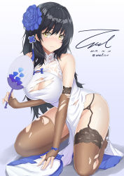 Rule 34 | 1girl, artist name, bare shoulders, black hair, blush, breasts, bridal gauntlets, china dress, chinese clothes, cleavage, dated, dress, flower, full body, garter straps, girls&#039; frontline, hair flower, hair ornament, hand fan, kneeling, large breasts, long hair, looking at viewer, mole, mole under eye, official alternate costume, paper fan, solo, thighhighs, torn clothes, torn thighhighs, type 95 (girls&#039; frontline), type 95 (narcissus) (girls&#039; frontline), unel1211, yellow eyes