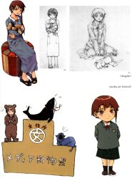 Rule 34 | 1990s (style), 1girl, abe yoshitoshi, absurdres, animal costume, animal slippers, artbook, bear costume, bike-chan, blazer, brown eyes, brown hair, cat, character sheet, dog, doraemon, doraemon (character), dress, highres, iwakura lain, jacket, looking back, medal, monochrome, official art, ottoman, pajamas, partially colored, plaid, podium, retro artstyle, sandals, scan, school uniform, serial experiments lain, short hair, sitting, sketch, skirt, slippers, smile, stuffed animal, stuffed toy, traditional media, translation request, wariza, whale, winner&#039;s platform, yawning
