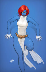 Rule 34 | 1girl, blank eyes, blue background, blue skin, colored skin, dated, david nakayama, dress, gloves, highres, looking at viewer, marvel, mystique, pelvic curtain, red hair, red lips, shoes, short hair, skull, solo, white dress, white footwear, white gloves, x-men, yellow eyes