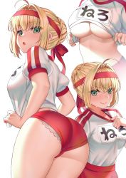 Rule 34 | &gt;:), 1girl, :o, ahoge, ass, blonde hair, breasts, buruma, closed mouth, clothes lift, commentary request, fate/extra, fate/grand order, fate (series), green eyes, gym shirt, gym uniform, hair between eyes, hair intakes, hairband, highres, large breasts, looking at viewer, looking back, multiple views, name tag, nero claudius (fate), nero claudius (fate) (all), nero claudius (fate/extra), nero claudius (olympian bloomers) (fate), official alternate costume, panties, panties under buruma, parted lips, red buruma, red hairband, saruei, see-through, see-through silhouette, shirt, shirt lift, shirt tucked in, sidelocks, simple background, smile, underboob, underwear, v-shaped eyebrows, white background, white panties, white shirt