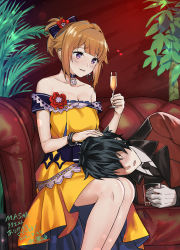 Rule 34 | 1boy, 1girl, bad id, bad twitter id, black hair, black neckwear, blonde hair, blush, breasts, champagne flute, commander (girls&#039; frontline), cup, dress, drinking glass, earrings, faceless, faceless male, fern, formal, girls&#039; frontline, gloves, griffin &amp; kryuger military uniform, grizzly mkv (girls&#039; frontline), grizzly mkv (starry night ball) (girls&#039; frontline), hand on another&#039;s head, highres, jewelry, lap pillow, necktie, ochiaki, official alternate costume, purple eyes, red suit, smile, strapless, suit, white gloves, yellow dress