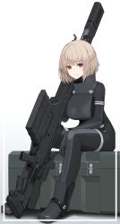Rule 34 | 1girl, bad id, bad pixiv id, black bodysuit, black footwear, bodysuit, boots, breasts, brown hair, commentary request, full body, gun, highres, holding, holding gun, holding weapon, large breasts, looking at viewer, mikoto (oi plus), original, red eyes, scope, short hair, sitting, solo, weapon, weapon request, white background