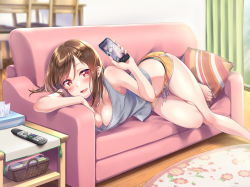 Rule 34 | 1girl, :d, amagi shino, bare legs, barefoot, black panties, blurry, blurry background, blush, boyshort panties, breasts, brown hair, cellphone, cleavage, controller, couch, depth of field, dolphin shorts, fingernails, hair ornament, hairclip, highres, indoors, looking at viewer, lying, medium breasts, on side, open mouth, original, panties, phone, red eyes, remote control, shorts, smartphone, smile, solo, tank top, underwear