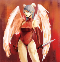 Rule 34 | 1girl, angel wings, armpits, bare shoulders, breasts, closed mouth, collarbone, contrapposto, dagger, dual wielding, elbow gloves, feathered wings, final fantasy, final fantasy tactics, gloves, head wings, highres, holding, holding weapon, knife, large breasts, legs apart, leotard, long hair, red eyes, red gloves, sachiwo, skin tight, smirk, solo, standing, sword, turtleneck, ultima (fft), weapon, white hair, white wings, wings