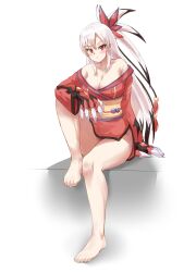 Rule 34 | 1girl, barefoot, blush, breasts, claws, cleavage, dbswls302, feet, highres, japanese clothes, kimono, large breasts, long hair, looking at viewer, original, red eyes, solo, toes, white hair, yukata