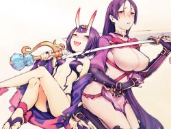 Rule 34 | 2girls, ankle ribbon, arm guards, blue eyes, blunt bangs, blush, bottle, breasts, crossed legs, fang, fate/grand order, fate (series), fingerless gloves, forehead, gloves, gradient background, half-closed eyes, highres, holding, holding sword, holding weapon, honda (obon), katana, kneeling, large breasts, leg ribbon, legs together, long hair, long sleeves, looking at viewer, minamoto no raikou (fate), multiple girls, navel, open mouth, parted lips, purple gloves, purple hair, revealing clothes, ribbon, sake bottle, short hair, shuten douji (fate), sitting, smile, sword, tabard, tareme, thick eyebrows, thighs, toeless legwear, toes, weapon