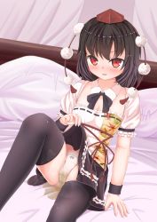 Rule 34 | 1girl, akizuki (akizuki71), arm support, bed, bedwetting, black hair, black neckwear, black skirt, black thighhighs, blush, bow, bow panties, bowtie, breasts, clothes lift, curtains, detached collar, detached sleeves, hat, highres, leaf print, looking at viewer, open mouth, panties, peeing, peeing self, pillow, pink panties, pom pom (clothes), print shirt, puddle, purposeful wetting, red eyes, red headwear, shameimaru aya, shirt, short hair, short sleeves, sitting, skirt, skirt lift, small breasts, smile, thighhighs, touhou, underwear, wet, wet clothes, wet panties, white shirt