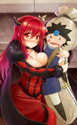 Rule 34 | 10s, 1girl, ^^^, breasts, choker, cleavage, dakimakura (object), dress, fake horns, fur trim, horns, large breasts, lipstick mark, long hair, looking at viewer, maou (maoyuu), maoyuu maou yuusha, o3o, hugging object, okitakung, pillow, pillow hug, red dress, red eyes, red hair, solo, sweat