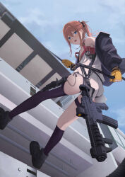 Rule 34 | 1girl, absurdres, alter sang, ar-15, assault rifle, bare shoulders, black footwear, black jacket, black socks, black thighhighs, blue eyes, blush, commentary, dress, english commentary, girls&#039; frontline, gloves, gun, hair between eyes, highres, jacket, knife, looking at viewer, medium hair, open clothes, open jacket, open mouth, outdoors, panties, pink hair, ponytail, rappelling, rifle, socks, solo, st ar-15 (girls&#039; frontline), thigh strap, thighhighs, underwear, weapon, white dress, white panties, yellow gloves