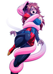 Rule 34 | 1girl, ;o, android 21, arm warmers, between breasts, black legwear, blue eyes, blush, breasts squeezed together, breasts, breasts apart, cell (dragon ball), coiled, covered navel, defeat, dragon ball, dragon ball fighterz, dragonball z, dress, covered erect nipples, full body, glasses, hamon ai, high heels, large breasts, long hair, looking at viewer, nail polish, one eye closed, open mouth, saliva, saliva trail, simple background, sleeveless, sleeveless dress, tears, vore, white background