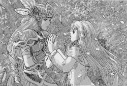 Rule 34 | 2girls, armor, armored dress, breastplate, dual persona, feathers, greyscale, helmet, highres, lenneth valkyrie, long hair, low-braided long hair, low-tied long hair, monochrome, multiple girls, platina (valkyrie profile), shoulder armor, shoulder pads, tak-ter, valkyrie, valkyrie profile (series), winged helmet
