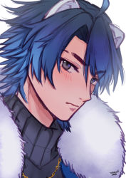 Rule 34 | 1boy, ahoge, animal ears, blue hair, blush, closed mouth, commentary, dated, english commentary, fur collar, glint, grey eyes, grey sweater, highres, indie virtual youtuber, jewelry, looking at viewer, looking to the side, male focus, necklace, portrait, shiryu (vtuber), signature, simple background, solo, sweater, temachii, virtual youtuber, white background