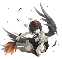 Rule 34 | 1girl, absurdres, belt, bird wings, black hair, black ribbon, black skirt, black socks, black wings, brown eyes, closed mouth, collared shirt, expressionless, feathered wings, feathers, full body, geta, hat, hauchiwa, highres, holding, looking to the side, neck ribbon, puffy short sleeves, puffy sleeves, red footwear, red hat, ribbon, shadow, shameimaru aya, shimoda masaya, shirt, short hair, short sleeves, simple background, skirt, socks, solo, squatting, tengu-geta, tokin hat, touhou, white background, white shirt, wing collar, wings