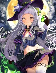 Rule 34 | 1girl, absurdres, breasts, cloud, commentary, doskoiichiban, fire, full moon, grey hair, groin, hair ornament, hat, highres, hololive, long hair, looking at viewer, midriff, moon, murasaki shion, navel, night, parted bangs, ribbon, sky, small breasts, smile, solo, star (sky), starry sky, thighhighs, virtual youtuber, witch hat, yellow eyes