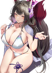 Rule 34 | 1girl, absurdres, animal ears, bikini, black hair, blue archive, blush, breasts, cleavage, commentary, flower, fox ears, fox girl, fox tail, hair flower, hair ornament, halo, hand up, highres, large breasts, long hair, looking at viewer, namazu (yamasonson), navel, parted lips, smile, solo, strap pull, swimsuit, tail, thigh strap, thighs, wakamo (blue archive), wakamo (swimsuit) (blue archive), white background, white bikini, yellow eyes