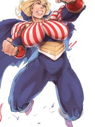 Rule 34 | 1girl, american flag, american flag print, blonde hair, bodysuit, boku no hero academia, breasts, cape, cathleen bate, fingernails, flag print, highres, large breasts, long hair, muscular, muscular female, open mouth, orange eyes, smile, solo, star and stripe, star and stripe (boku no hero academia), striped bodysuit, striped cape, thick thighs, thighs