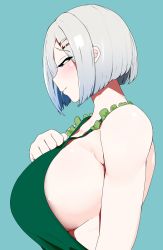 Rule 34 | 1girl, blue background, blue eyes, blush, breasts, closed mouth, collarbone, dress, from side, green dress, hair ornament, hair over one eye, hairclip, hamakaze (kancolle), hauto-san, highres, huge breasts, kantai collection, short hair, sideboob, silver hair, simple background, solo, upper body