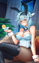 Rule 34 | 1girl, animal ears, black hairband, black pantyhose, blue hair, blush, boots, breasts, cleavage, cocktail, cocktail glass, crossed legs, cup, detached collar, drinking glass, eula (genshin impact), fake animal ears, fishnet pantyhose, fishnets, food, fruit, genshin impact, hair between eyes, hair ornament, hairband, highres, indoors, large breasts, lemon, lemon slice, leotard, looking at viewer, pantyhose, parted lips, playboy bunny, rabbit ears, signature, siriuflong, sitting, solo, strapless, strapless leotard, thigh boots, thighhighs, thighhighs over pantyhose, thighs, wrist cuffs, yellow eyes