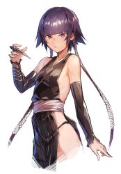 Rule 34 | 1girl, :/, absurdres, bare shoulders, bleach, blunt bangs, breasts, claw (weapon), commentary request, cowboy shot, dark-skinned female, dark skin, deluxe&lt;&lt;&lt;, detached sleeves, hand up, highres, looking at viewer, purple eyes, purple hair, sash, short hair with long locks, side slit, sideboob, simple background, small breasts, solo, sui-feng, weapon, white background