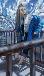 Rule 34 | 1girl, against railing, blonde hair, blue jacket, blue sky, chainsaw man, cloud, cloudy sky, collared shirt, cross-shaped pupils, fang, ferris wheel, hair between eyes, highres, horns, jacket, long hair, looking to the side, looking up, open mouth, power (chainsaw man), railing, red horns, shirt, sky, smile, solo, symbol-shaped pupils, tachibana tsu, white shirt