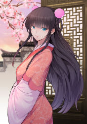 Rule 34 | 1girl, absurdres, architecture, blue eyes, braid, brown hair, east asian architecture, highres, japanese clothes, kimono, long hair, looking at viewer, smile, solo, yuehua yinxue