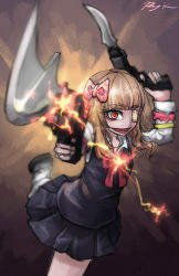 Rule 34 | 1girl, :d, artist name, blonde hair, bow, bowtie, character request, copyright request, dual wielding, eyepatch, firing, firing at viewer, gun, gunblade, hair bow, handgun, holding, leg warmers, long hair, looking at viewer, open mouth, pleated skirt, ray-k, red eyes, signature, skirt, smile, solo, wavy hair, weapon