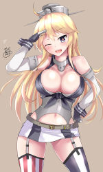 Rule 34 | 10s, 1girl, bad id, bad pixiv id, blonde hair, breasts, cleavage, clothes writing, detached sleeves, garter straps, gloves, hands on own hips, iowa (kancolle), jotarozaku, kantai collection, large breasts, long hair, miniskirt, salute, skirt, smile, solo, star-shaped pupils, star (symbol), symbol-shaped pupils, thighhighs, zettai ryouiki