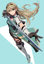 Rule 34 | 1girl, black gloves, blue background, boots, braid, brown hair, eiyuu densetsu, elaine auclair, feng you, floating hair, full body, gloves, green eyes, green vest, grey footwear, hair between eyes, holding, holding sword, holding weapon, kuro no kiseki, long hair, looking at viewer, parted lips, shrug (clothing), solo, standing, sword, thigh boots, thighhighs, very long hair, vest, waist cape, weapon, zettai ryouiki