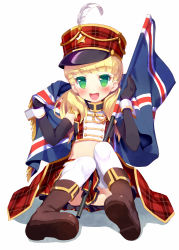 Rule 34 | 10s, 1girl, :d, band uniform, black gloves, blonde hair, blush, boots, elbow gloves, fang, flag, full body, gloves, green eyes, hat, hat feather, idolmaster, idolmaster cinderella girls, long hair, looking at viewer, mary cochran, meito (maze), open mouth, sitting, skirt, smile, solo, star (symbol), thighhighs, union jack, white background, white thighhighs, wrist cuffs