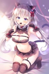 Rule 34 | 1girl, animal ears, areola slip, armpits, bare arms, bare shoulders, black gloves, black shirt, black skirt, black thighhighs, blue eyes, bow, braid, breasts, candy, cat ears, cat girl, cat tail, chocolate, chocolate heart, cleavage, crop top, food, french braid, frilled shirt, frills, gloves, hair bow, heart, highres, kiss day, kneeling, large breasts, long hair, looking at viewer, microskirt, midriff, miniskirt, mouth hold, nanohana kohina, navel, no shoes, original, paw pose, revealing clothes, revision, shirt, silver hair, skindentation, skirt, sleeveless, sleeveless shirt, solo, stomach, tail, thighhighs, thighs, twintails, very long hair