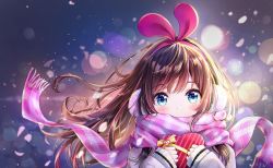 Rule 34 | 1girl, animal ears, bad id, bad twitter id, blue eyes, blush, bow, box, brown hair, rabbit ears, cherry blossoms, dana (hapong07), fake animal ears, floating hair, hairband, heart-shaped box, streaked hair, highres, kizuna ai, kizuna ai inc., lens flare, long hair, long sleeves, looking at viewer, multicolored hair, pink hairband, pink scarf, plaid, plaid scarf, portrait, scarf, scarf over mouth, solo, striped, sweater, valentine, virtual youtuber, white sweater
