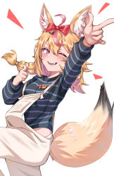 Rule 34 | 1girl, absurdres, ahoge, alternate costume, animal ear fluff, animal ears, blonde hair, blue shirt, blush, bow, braid, commentary, fangs, finger gun, fox ears, fox girl, fox tail, hair between eyes, hair bow, highres, holofive, hololive, kiwwwwwi, looking at viewer, medium hair, omaru polka, one eye closed, overalls, purple eyes, red bow, shirt, simple background, solo, standing, standing on one leg, striped clothes, striped shirt, tail, virtual youtuber, white background