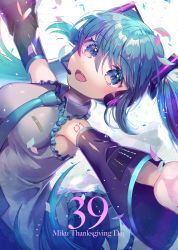Rule 34 | 1girl, 39, :d, blue eyes, blue hair, blue necktie, confetti, detached sleeves, english text, grey shirt, hatsune miku, headset, highres, kozou kazaru, long hair, looking at viewer, necktie, open mouth, outstretched arms, shirt, simple background, smile, solo, tattoo, twintails, upper body, vocaloid, white background
