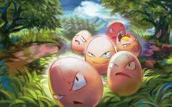 Rule 34 | black eyes, blue sky, cloud, cloudy sky, creature, creatures (company), day, exeggcute, forest, frown, full body, game freak, gen 1 pokemon, grass, kawaguchi youhei, looking at viewer, nature, nintendo, no humans, official art, outdoors, pokemon, pokemon (creature), pokemon tcg, sky, smirk, third-party source, tree