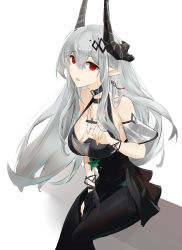 Rule 34 | 1girl, absurdres, arknights, bare shoulders, black dress, black gloves, bracelet, breasts, cleavage, collar, detached sleeves, dress, earrings, gloves, grey hair, hair between eyes, hair ornament, highres, horns, infection monitor (arknights), jewelry, large breasts, long hair, looking at viewer, mudrock (arknights), mudrock (obsidian) (arknights), necklace, official alternate costume, open mouth, pantyhose, partially fingerless gloves, pointy ears, red eyes, sarea (sarea2020), see-through, short sleeves, simple background, single glove, sitting, solo, very long hair, white background