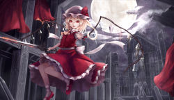 Rule 34 | bad id, bad pixiv id, dress, fangs, flandre scarlet, floating, hat, highres, holding, holding sword, holding weapon, looking at viewer, mob cap, moon, moose (moosu193), night, night sky, reaching, reaching towards viewer, red dress, red eyes, ruins, short hair, sky, solo, sword, touhou, weapon, wings