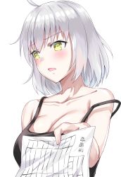 Rule 34 | 1girl, black tank top, breasts, cleavage, collarbone, fate/grand order, fate (series), grey hair, highres, jeanne d&#039;arc (fate), jeanne d&#039;arc alter (avenger) (fate), jeanne d&#039;arc alter (fate), leeshin0919, medium breasts, off shoulder, short hair, solo, tank top, tsundere, upper body, white background, yellow eyes