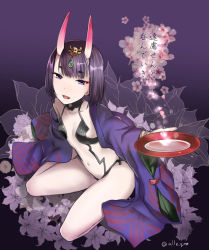 Rule 34 | 1girl, :d, alcohol, alle gro, arm at side, breasts, cherry blossoms, collarbone, cup, eyebrows, fate/grand order, fate (series), floral background, flower, from above, full body, gradient background, hair ornament, holding, horns, japanese clothes, jewelry, kimono, looking at viewer, navel, off shoulder, oni, open clothes, open kimono, open mouth, outstretched arm, purple background, purple eyes, purple hair, purple theme, revealing clothes, sakazuki, sake, short hair, shuten douji (fate), shuten douji (first ascension) (fate), sitting, small breasts, smile, solo, stomach, translation request, twitter username