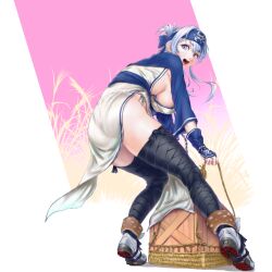 1girl ainu ainu_clothes ass bandana blue_eyes blue_hair blue_headband breasts cropped_jacket folded_ponytail fundoshi hair_between_eyes headband japanese_clothes kamoi_(kancolle) kantai_collection large_breasts leg_wrap long_hair long_sleeves sideboob sidelocks solo white_hair wrist_guards yamatoshi