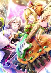 Rule 34 | 2girls, ahoge, alternate hairstyle, artoria pendragon (fate), blonde hair, braid, braided bun, breasts, concert, cowboy shot, dress, electric guitar, fate/grand order, fate (series), frilled dress, frills, from below, glasses, green eyes, gu-rahamu omega x, guitar, hair between eyes, hair bun, heart, highres, instrument, jewelry, long hair, looking at viewer, medium breasts, multiple girls, mysterious heroine x alter (fate), mysterious idol x alter (fate), nero claudius (fate), nero claudius (fate) (all), nero claudius (fate/extra), official alternate costume, open mouth, plectrum, ponytail, ring, smile, yellow eyes