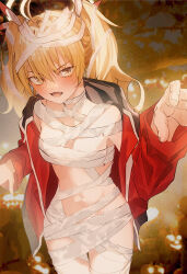 Rule 34 | 1girl, bandages, blonde hair, blue archive, blush, breasts, fang, halo, highres, jacket, kangshi, long hair, long sleeves, looking at viewer, mummy costume, naked bandage, open clothes, open jacket, open mouth, red jacket, small breasts, solo, twintails, yellow eyes, yellow halo, yoshimi (blue archive)
