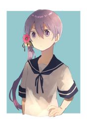 1girl 8ne_(nitika127) akebono_(kancolle) bell blue_background blue_sailor_collar border expressionless female_focus flower hair_bell hair_flower hair_ornament hand_on_own_hip jingle_bell kantai_collection long_hair neckerchief purple_eyes purple_hair sailor_collar school_uniform serafuku short_sleeves side_ponytail solo two-tone_background very_long_hair white_border