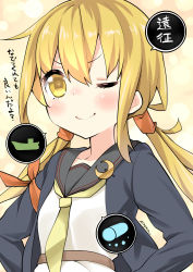 Rule 34 | &gt;;), 10s, 1girl, ;), absurdres, artist name, black jacket, blonde hair, blush, crescent, crescent pin, eyebrows, eyelashes, highres, jacket, kantai collection, long hair, long sleeves, looking at viewer, low twintails, neckerchief, one eye closed, open clothes, open jacket, ryuki (ryukisukune), satsuki (kancolle), satsuki kai ni (kancolle), school uniform, serafuku, shirt, signature, simple background, smile, solo, speech bubble, spoken object, text focus, translation request, twintails, upper body, v-shaped eyebrows, very long hair, white shirt, yellow background, yellow eyes