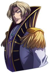 Rule 34 | 1boy, arm at side, artist request, ascot, blonde hair, blue eyes, closed mouth, code geass, code geass: lost stories, cropped torso, epaulettes, gem, green gemstone, hair intakes, high collar, jacket, looking at viewer, male focus, non-web source, official art, purple vest, schneizel el britannia, short hair, sidelocks, simple background, solo, standing, transparent background, upper body, v-shaped eyebrows, vest, white ascot, white jacket