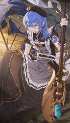 Rule 34 | 1girl, absurdres, apron, black dress, blue eyes, blue hair, bow, bow earrings, braid, dress, earrings, flag, frilled apron, frills, grey apron, hair between eyes, hair ornament, hairclip, hat, highres, holding, holding polearm, holding weapon, hololive, hoshimachi suisei, hoshimachi suisei (maid), jewelry, long hair, looking away, on one knee, parted lips, polearm, solo, star (symbol), star in eye, symbol in eye, virtual youtuber, weapon, yozora (1wkdgusdn)